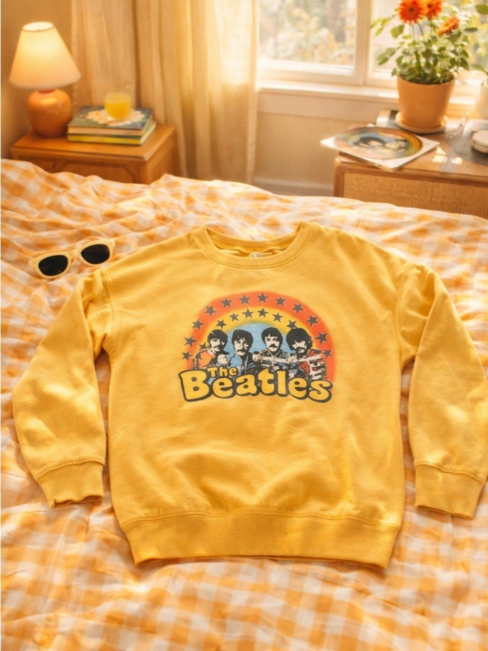 The Beatles Graphic Sweatshirt Mustard Yellow Crewneck Retro Pullover Size XS